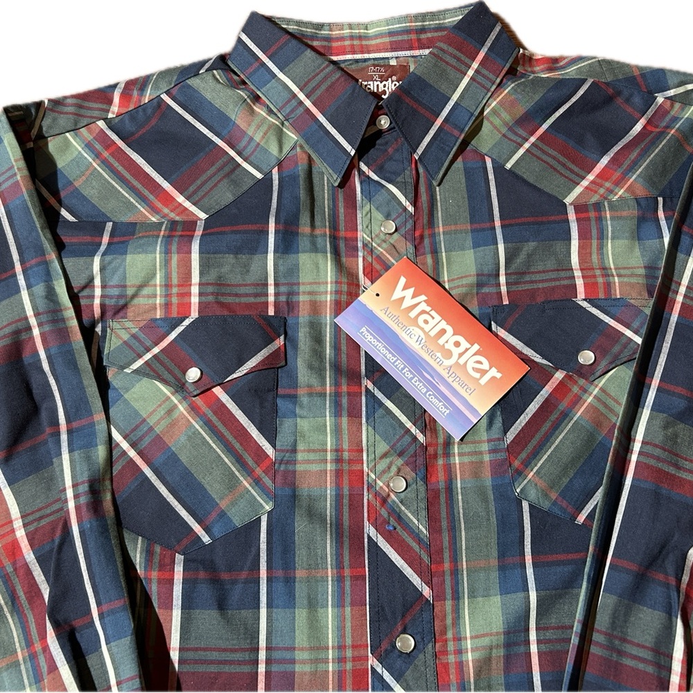 Wrangler ~ Pearl Snaps~ Men's Shirt 17-17 1/2  XL- Long Sleeve~ Blue Plaid ~ NWT